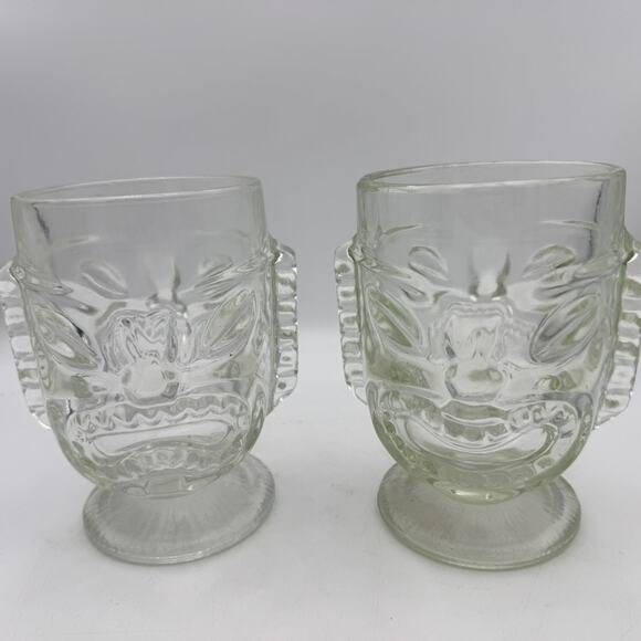 Tiki Face Clear Glass Mugs Set of 2 Vintage Mid-Century Barware Footed Goblets - Picture 3 of 5
